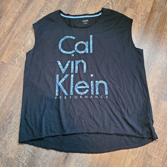Calvin Klein Performance Quick Dry Spell out Black raw edge tank Women's Plus - Picture 2 of 7